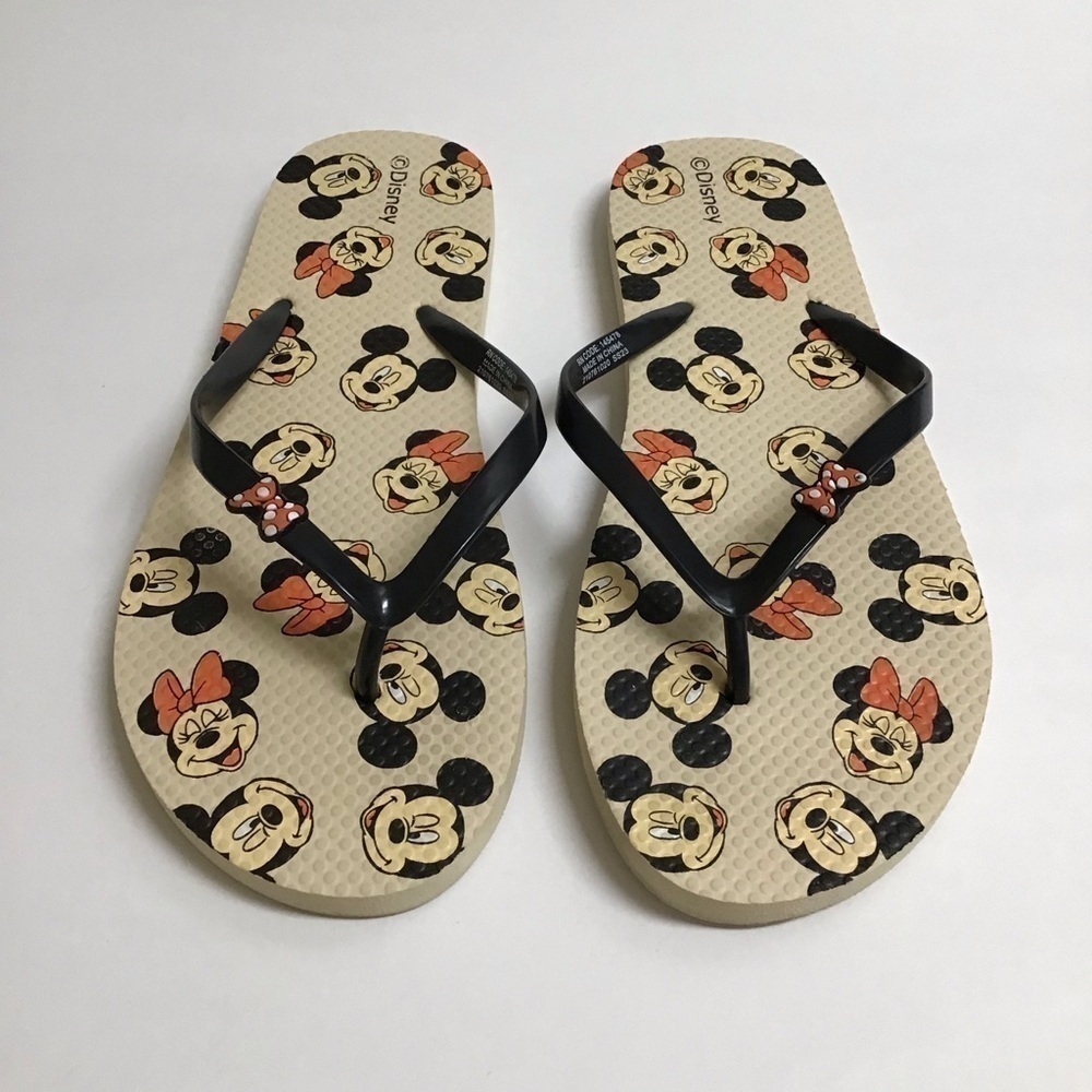 Disney SZ 10 1/2 Flip Flops Women’s Mickey and Minnie Mouse Sandals Red Bows Tan - Picture 7 of 10